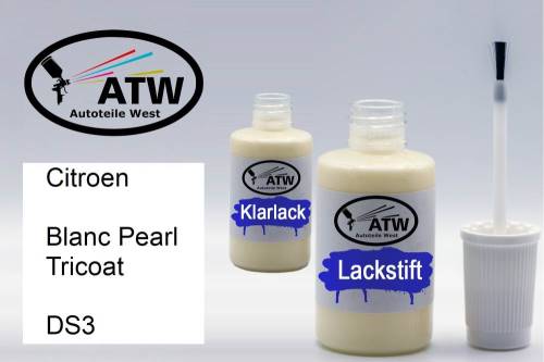 Citroen, Blanc Pearl Tricoat, DS3: 20ml Lackstift + 20ml Klarlack - Set, von ATW Autoteile West.